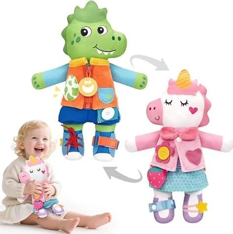 hahaland Montessori Spielzeug 1-4 Jahr, Dino-Einhorn Puppe 15 Alltagsskills
