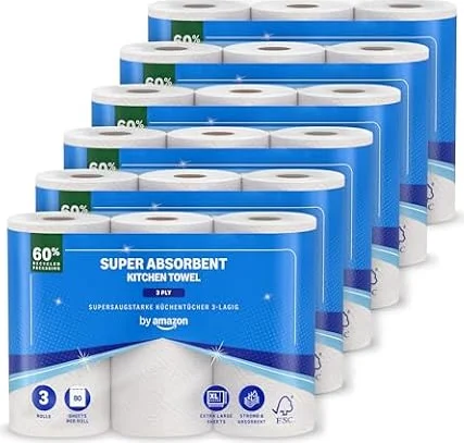 by Amazon Supersaugfähiges Küchentuch, 3-Lagig, 18 Rollen (6 Packungen à 3 Stück), 80 Blatt Pro Rolle, FSC-Zertifiziert (Zuvor Presto!)