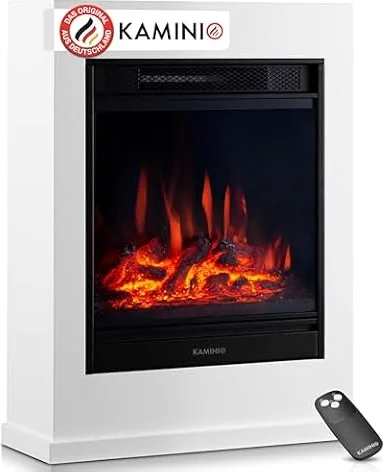 KAMINIO Elektrokamin Kalle - Elektrischer Standkamin mit Heizung, 3D-Flammeneffekt, Fernbedienung (Weiß)
