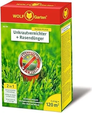 WOLF-Garten 2-in-1: Unkrautvernichter + Rasendünger SQ 120 (Rasendünger und Unkrautvernichter, wirkt über Blätter und Wurzeln, Wirkung bis zu 100 Tagen, ausreichend bis 120 m2) 3840720