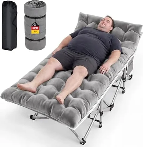 XXL Campingbett Feldbett 190 x 80 x 37 cm Feldbett Klappbar mit Matratze, Klappbett mit Seitentasche, Camping Bett 2 Personen Campingliege, Faltbar Gästebett bis 308 kg für Outdoor Indoor Reisen