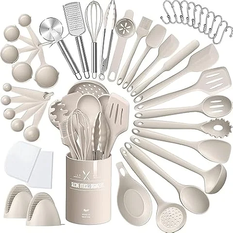 Küchenhelfer Set, 43-teiliges Silikon Kochutensilien Kochbesteck Set, Hitzebeständiger Kochgeschirr mit Utensilienhalter, Antihaft Kochset Küchenutensilien, Spülmaschinenfest - Khaki