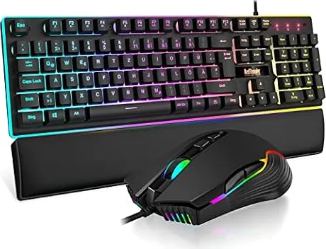 RedThunder K10 Gaming Tastatur und Maus Set, QWERTZ DE-Layout, Metallplatte und Handballenauflager,RGB-Hintergrundbeleuchtung und 7D mit Ergonomische für PC Gamer(Schwarz)