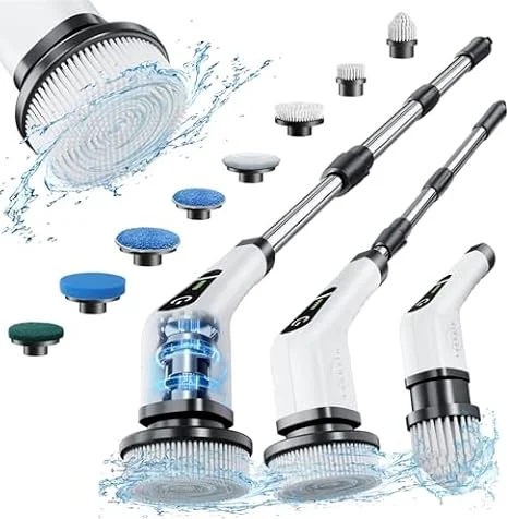 Leebein Elektrische Reinigungsbürste,Electric Spin Scrubber schnurlos mit 8 austauschbaren Bohrbürstenköpfen, Wanne und Bodenfliese mopSet mit 137cm verstellbarem Griff für Bad Küche Auto Fußboden
