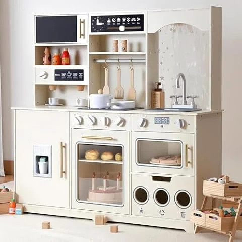 besrey Kinderküche Holz, Spielküche mit Licht & Sound, 18-TLG. Zubehör