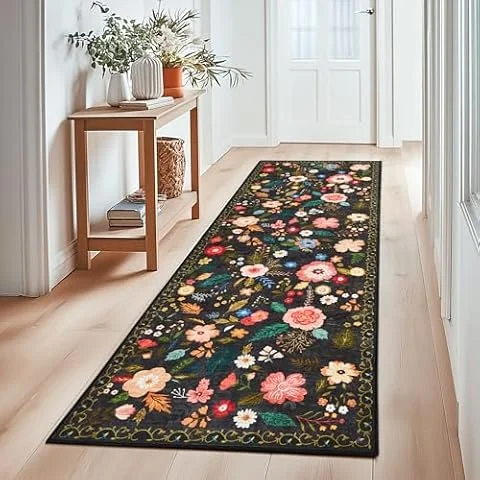 Flur Teppich Kurzflor Läufer, Blumenmuster 6mm Ultradünn, 80x150cm, Schwarz