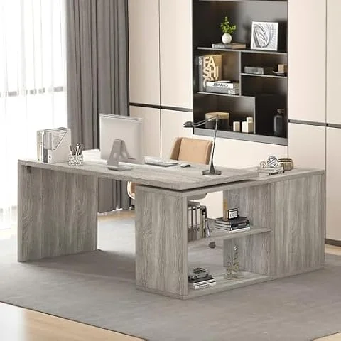 HSH Schreibtisch L Form mit Stauraum Eckschreibtisch für Homeoffice Industriell Computertisch Bürotisch Holz Design PC Tisch für Büro Arbeitszimmer Vintage Grau 140 cm