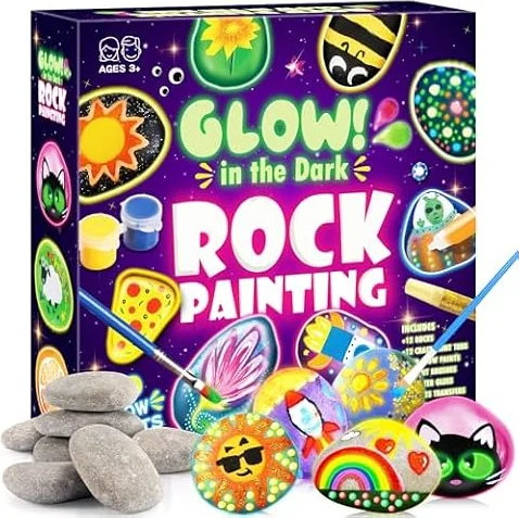 Steine zum Bemalen, Bastelset Kinder ab 5 6 7 8 9 10 Jahre Geschenk Mädchen 6-12 Jahren Basteln Mädchen 6-9 Jahre Ostern Geschenk 12 Stück Steine Bemalen Set mit 20 Farben(Farbe Leuchtet Im Dunkel)