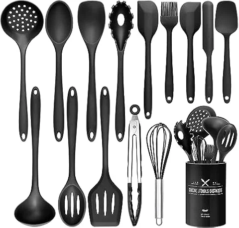 Wildone 15-teiliges Silikon Küchenutensilien-Set, Hitzebeständig, Spülmaschinenfest, Antihaftbeschichtet (Schwarz)