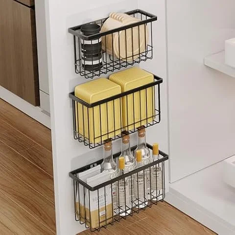 Mustorn 3 Stück Küchenschranktür-Aufbewahrungsbox，Selbstklebende Küchenschranktür Organizer Tupperdosen Organizer Wandmontierter Organisator Korb Küche Behälter Klein Ohne Bohren(Schwarz)