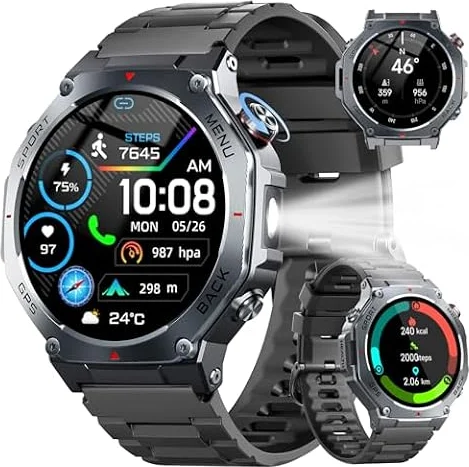 Smartwatch Herren, GPS Militär Fitnessuhr Sportuhr,1,43"AMOLED Smart Watch