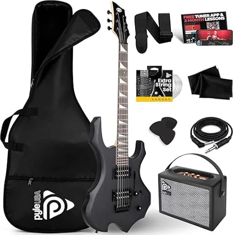 Pyle E Gitarre – Electric Guitar Set – E Gitarre Set mit Elektrische Gitarre, E-Gitarre Verstärker, Gitarren Tasche, Saiten, Gurt, Stimmgerät & Kabel, für Heavy Metal & Reisegitarre, Gitarre Schwarz