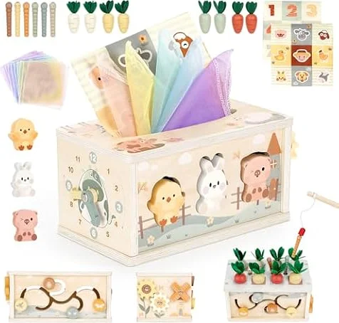 Vanplay Montessori Spielzeug Baby 12 Monate, 6 in 1 Tücherbox Baby Spielzeug ab 1 Jahr, Holzspielzeug Motorikspielzeug ab 1 2 3 Jahre Mädchen Junge, Geschenk Kind 1 Jahr