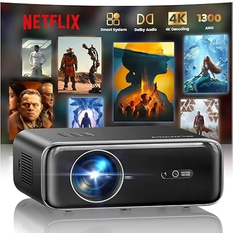 Smart Beamer, jetzt mit Netflix, Dolby Audio, WiMiUS 1300 ANSI Autofokus/6D Trapezkorrektur Led Beamer 4K Heimkino Unterstützt, WiFi Bluetooth Full HD 1080P Outdoor Deckenmontage Projektor für Handy