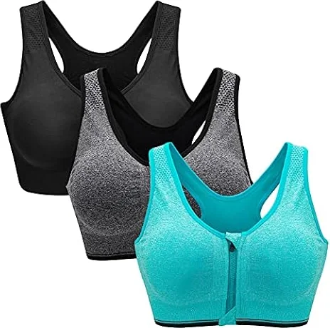 ZOEREA Sports BH Damen Push Up Zip Front Impact Yoga Bra Schwarz grau und Grün,XXL
