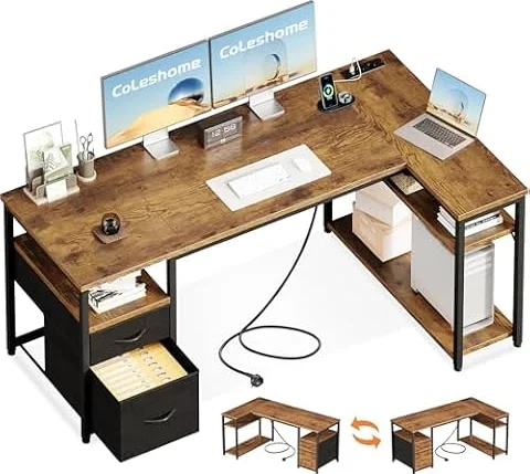 Coleshome Gaming Eckschreibtisch mit 2 Schubladen, 160×80 cm, Braun