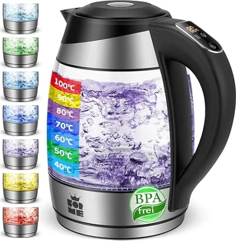 FOR ME Glas Elektrischer Wasserkocher 1,8L, Temperatureinstellung, Temperaturwahl 40°C bis 100°C, 7 Farben LED-Beleuchtung, Warmhaltefunktion, BPA-Frei