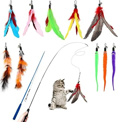 Hianjoo Katzenspielzeug Katze Toys 12 Stück, Interaktives Katzenspielzeug Feder mit 2 STK Versenkbare Katzenangel Ersatz und 10 STK Feder Spielzeug mit Glocken