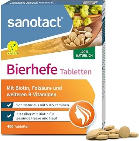 sanotact Bierhefe Tabletten (400 Tabletten) • 100% natürliche Bierhefe vegan • Mit Biotin für schöne Haare & gesunde Haut • 6 B-Vitaminen • Auch für Hunde geeignet • Hefetabletten