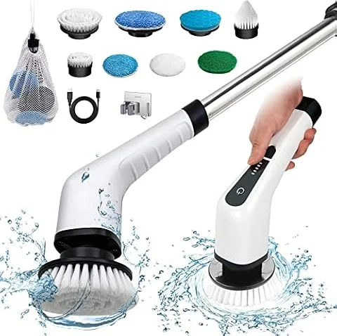 Elektrische Reinigungsbürste, Electric Spin Scrubber Schnurlos Mit 8 Austauschbaren Bohrbürstenköpfen, Duschreinigungsbürste mit Verstellbarem Griff für Bad, Fliesenboden und Auto