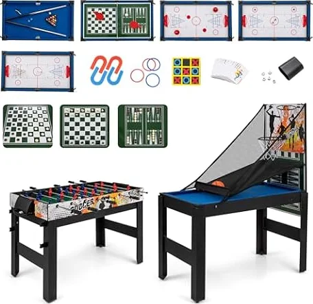 COSTWAY 14 in 1 Spieltisch Set, Tischspiel multifunktional mit Tischfußball Hockey, Billard, Tischtennis, Bowling, Shuffleboard, Schach, Dame & Backgammon, Kombi-Tisch für Kinder Erwachsene (Blau)