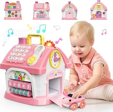 Spielzeug für 1 2 Jahre alte Mädchen: Montessori-Spielzeug für 1 Jahr alt, 6 in 1 Multi-Funktions-Haus Baby-Spielzeug mit Musik/Uhr/Licht/Telefon/Auto, Geburtstagsgeschenke für 1 2 Jahre alte Mädchen