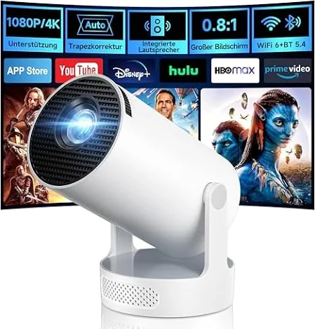 Mini Beamer, Philoent Smart Projektor 4K/1080P Unterstützt Neueste Apps WiFi 6 Bluetooth 5.4 Auto Screen Trapezkorrektur Niedriges Rauschen, Ultrakurzdistanzbeamer bietet großes Bild im kleinen Raum
