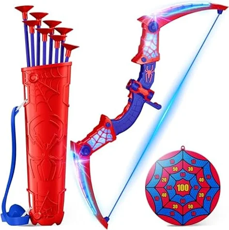Spielzeug ab 3-12 Jahre Junge, Pfeil Bogen Spielzeug mit Rot & Blau LED Lichtern, Köcher & Netz-Zielscheibe, Geschenk Junge 3-12 Jahre Geschenkideen Kinderspielzeug Garten Outdoor Spiele für Kinder