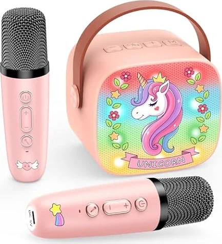 Karaoke Maschine mit 2 Mikrofon Kinder, Einhorn Geschenke Spielzeug Mädchen