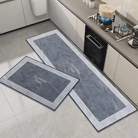 OPLERT Küchenteppich 2-teilig, rutschfeste, waschbare Küchenmatten und Teppich-Läufer-Set, wasserabsorbierende und schmutzabweisende Küchenbodenmatte,Grau,43x75+43x150cm