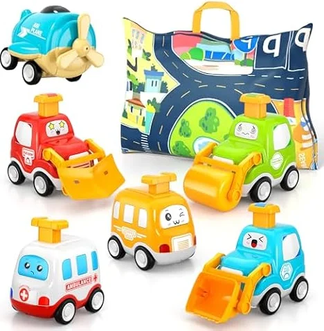 Spielzeugautos zum Zurückziehen für Kleinkinder, Autospielzeug für 1 jährige Jungen, 6 teiliges Autospielzeug, mit Spielmatten Aufbewahrung Spielzeugautos, Geschenke für 1 2 3 jährige Jungen Mädchen