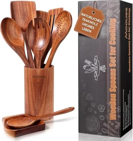 Mooues Kochlöffel Holz Set aus natürliches Teakholz, 9 Stück Küchenhelfer Set mit Halter, Holzlöffel, Pfannenwender, Salatbesteck und weitere Küchenutensilien, Hochwertig und Nachhaltig