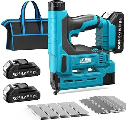 SEESII Akku-Nagler Set, 18GA Elektrische Nagelpistole mit 2 x 2,0Ah Akkus und 1000 Nägeln/Klammern, einstellbare Nageltiefe, 2-in-1 Brad-Nagler/Klammerer für Holzverarbeitung