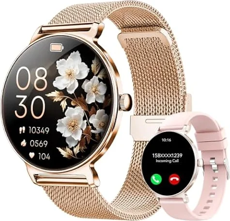 Smartwatch Damen mit Telefonfunktion, 1,27-Zoll AMOLED-HD Voll-Touchscreen Smartwatch, 120+ Sportmodi, IP68 Wasserdicht Fitness Tracker mit Herzfrequenz, Schlafmonitor für iOS Android, Rotgold