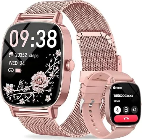 Smartwatch Damen mit Telefonfunktion, 1.85 Zoll HD Voll-Touchscreen Smartwatch, 120+ Sportmodi, IP68 Wasserdicht Fitness Tracker mit Herzfrequenz, Schlafmonitor für iOS Android(2 Armbändern)-Rose