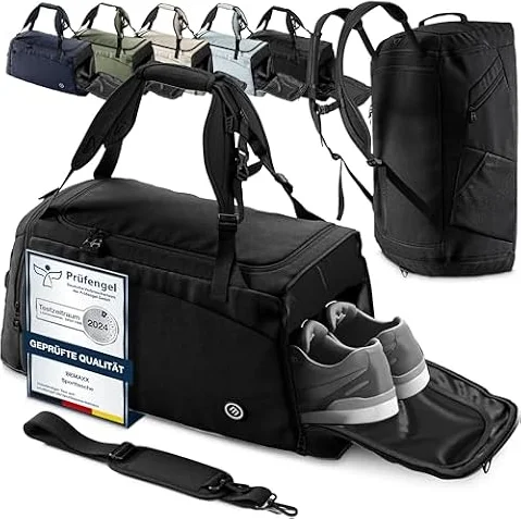 Sporttasche Trainingstasche + Rucksackfunktion, Schuhfach, Nassfach | Reisetasche Schwimmtasche Fitnesstasche Sport Gym Fitness Umhängetasche Handgepäck Weekender Bag Herren Damen | 40 L, Schwarz