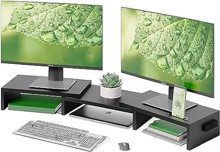BONTEC Monitorständer Holz für 2 Monitore, verstellbare Länge und Winkel