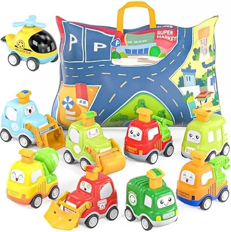 Spielzeugautos zum Zurückziehen für Kleinkinder, Autospielzeug für 1 jährige Jungen, 9 teiliges Autospielzeug, mit Spielmatten Aufbewahrung Spielzeugautos, Geschenke für 1 2 3 jährige Jungen Mädchen