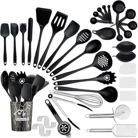 BEWOS 36-teiliges Silikon-Küchenutensilien Set - Vielseitiges Silikon-Kochset, Lebensmittelecht, Hitzebeständig, Kratzfrei für Antihaftpfannen, Spülmaschinengeeignet, Tolles Einzugsgeschenk, Schwarz