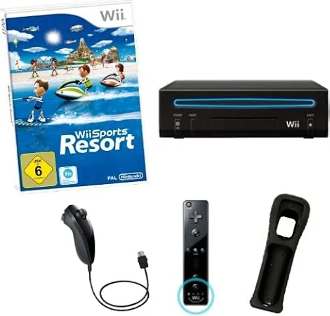 NINTENDO Wii Konsole schwarz + Wii Sports Resort (12 Sport Spiele) Nintendo Remote Plus und Nunchuk Controller