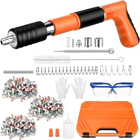Manuelle Nagelpistole mit 300 Runden Nägeln, 5 Gänge Einstellbares Nagelpistole, Nail Gun für Stahl & Beton Tragbar und Geräuscharm, Schutzausrüstung im Lieferumfang enthalten (Orange)
