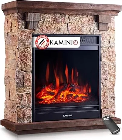 KAMINIO Elektrokamin Juan - Elektrischer Standkamin in Steinoptik mit Heizung, 3D-Flammeneffekt, Fernbedienung (Beige)